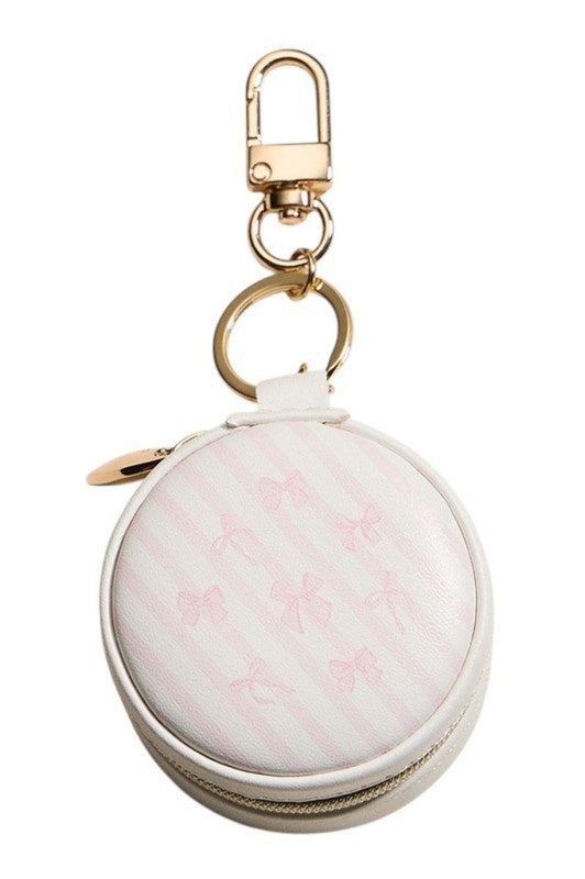Bow Striped Round Shaped Jewelry Case Keychain
