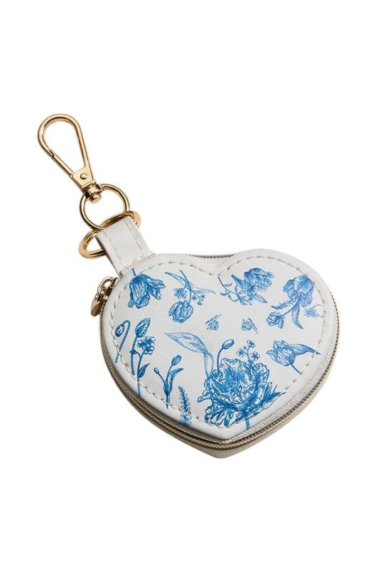 Floral Print Heart Shaped Jewelry Case Key Chain