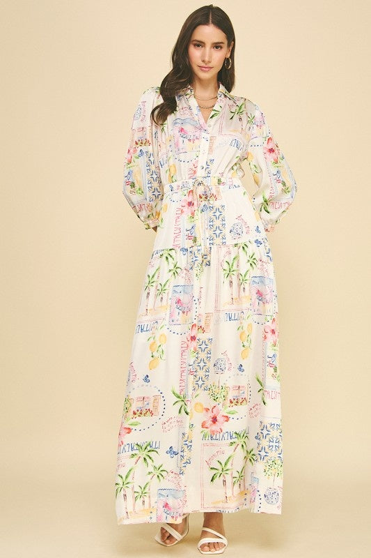 Pinch Print Button Down Maxi Dress