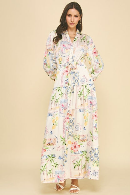 Pinch Print Button Down Maxi Dress