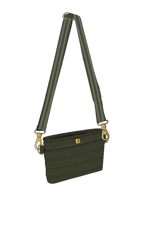 A Think Royln olive green suede crossbody bag with a matching shoulder strap and gold-tone hardware, shown against a plain white background.