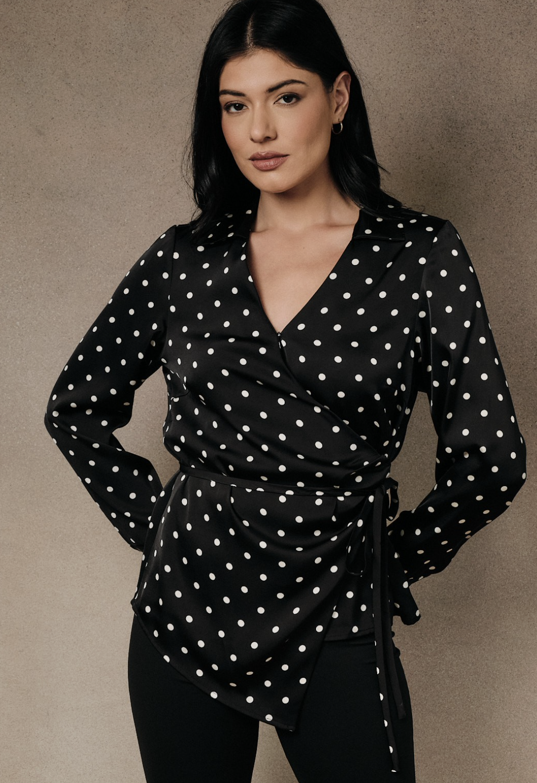 Sunday Edition black and white  polka dot wrap blouse with lightweight woven fabric and feminine silhouette.