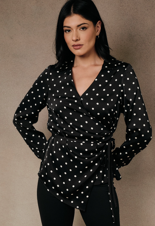 Sunday Edition black and white  polka dot wrap blouse with lightweight woven fabric and feminine silhouette.