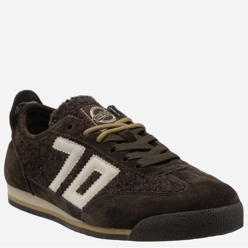 A dark brown suede Back 70 sneaker with a large white '70' logo on the side, brown laces, and a beige and black sole, shown against a plain light gray background.