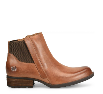 A Born Kendyl tan leather ankle boot with dark brown elastic side panels and a low block heel, shown from a side profile on a white background.