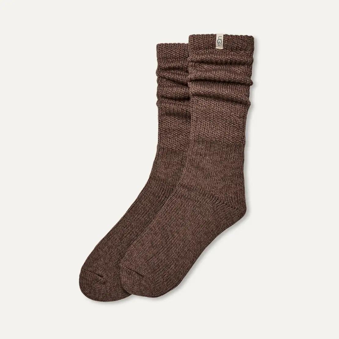 Pair of brown UGG Tyla Slouchy socks on a light gray background
