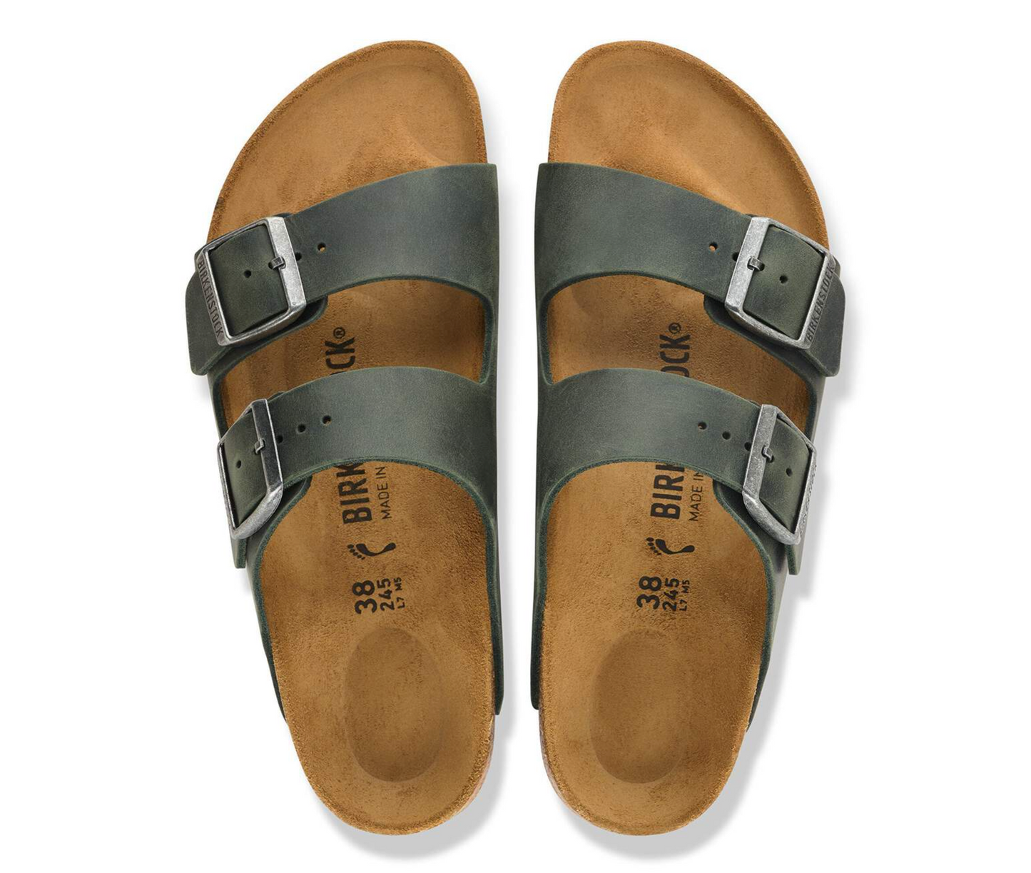 A pair of Birkenstock Arizona slide sandals shown from a top-down view. Birkenstock Arizona sandal in thyme with two straps and contoured cork footbed