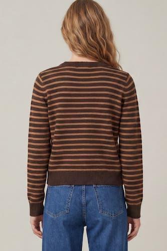 A woman viewed from the back wearing a brown and dark brown horizontally striped knit sweater and blue jeans against a plain light beige studio background.