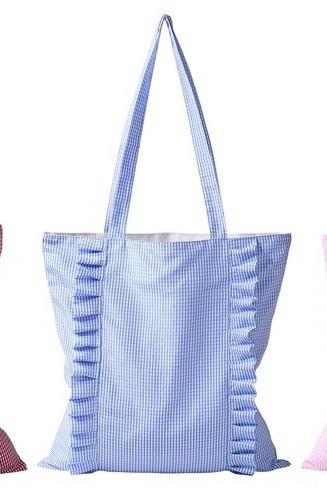 Gingham Ruffle Canvas Tote Bag