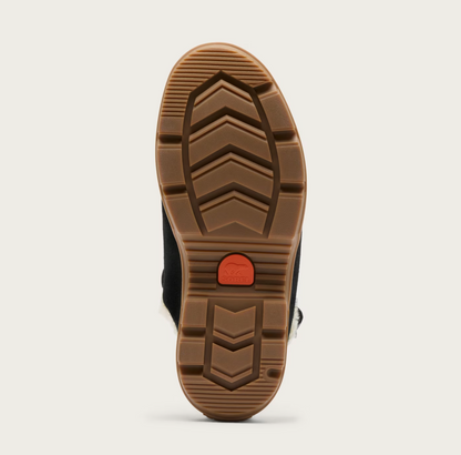 The treaded brown rubber outsole of a Sorel clog, showing a small orange-red circular logo in the center, photographed against a light gray background.