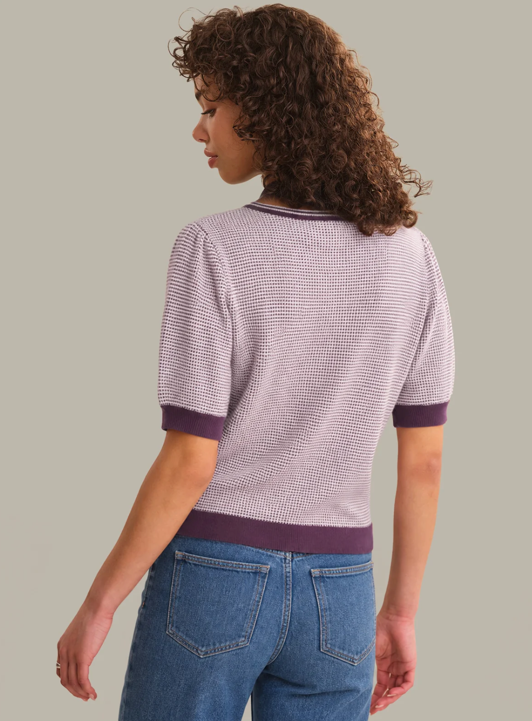 525 America Grayson tweed‑like puffed sleeve henley with textured knit and feminine silhouette.