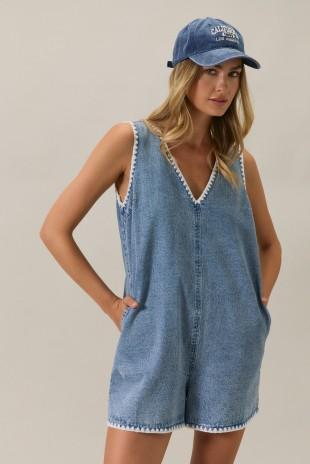 Sleeveless Stitch Detail Denim Romper