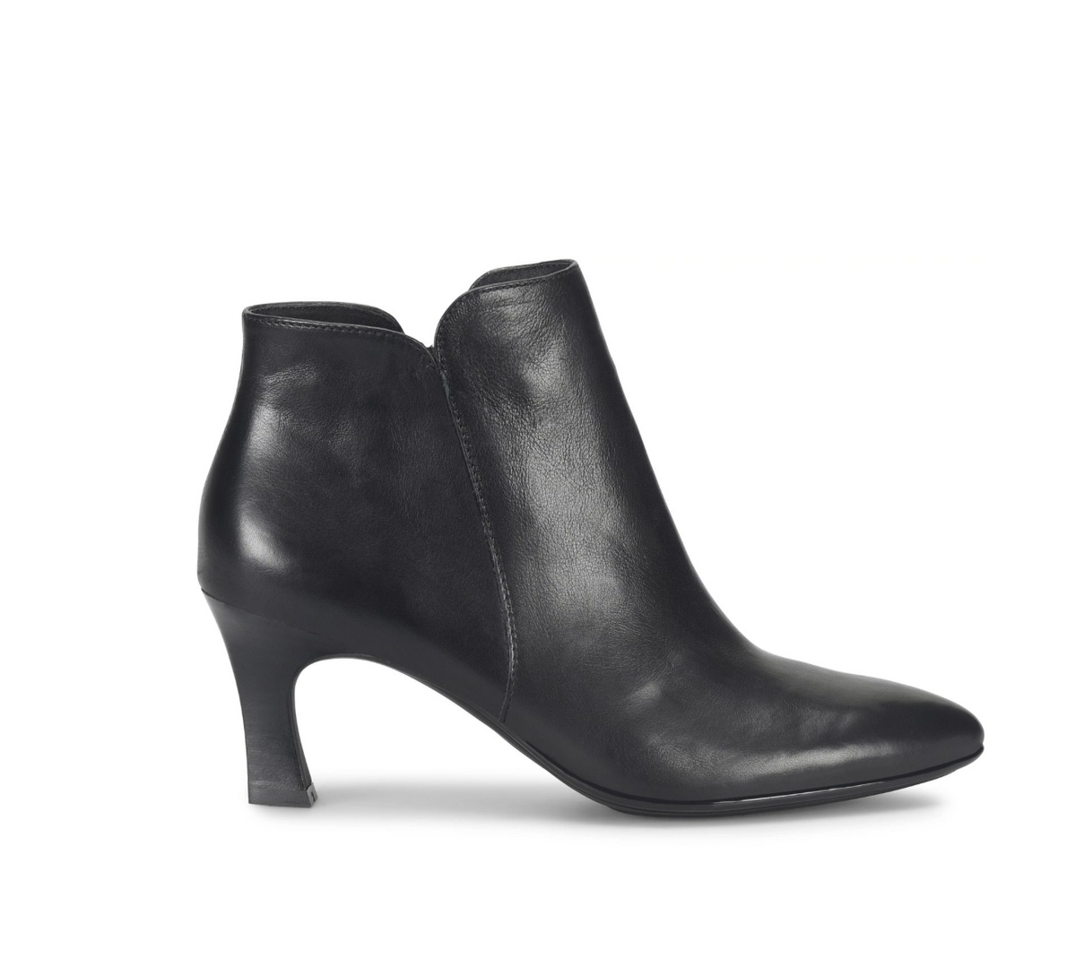 A single Sofft Sasha black leather ankle boot with a pointed toe and a mid-height kitten heel, shown from a side profile on a clean white background.