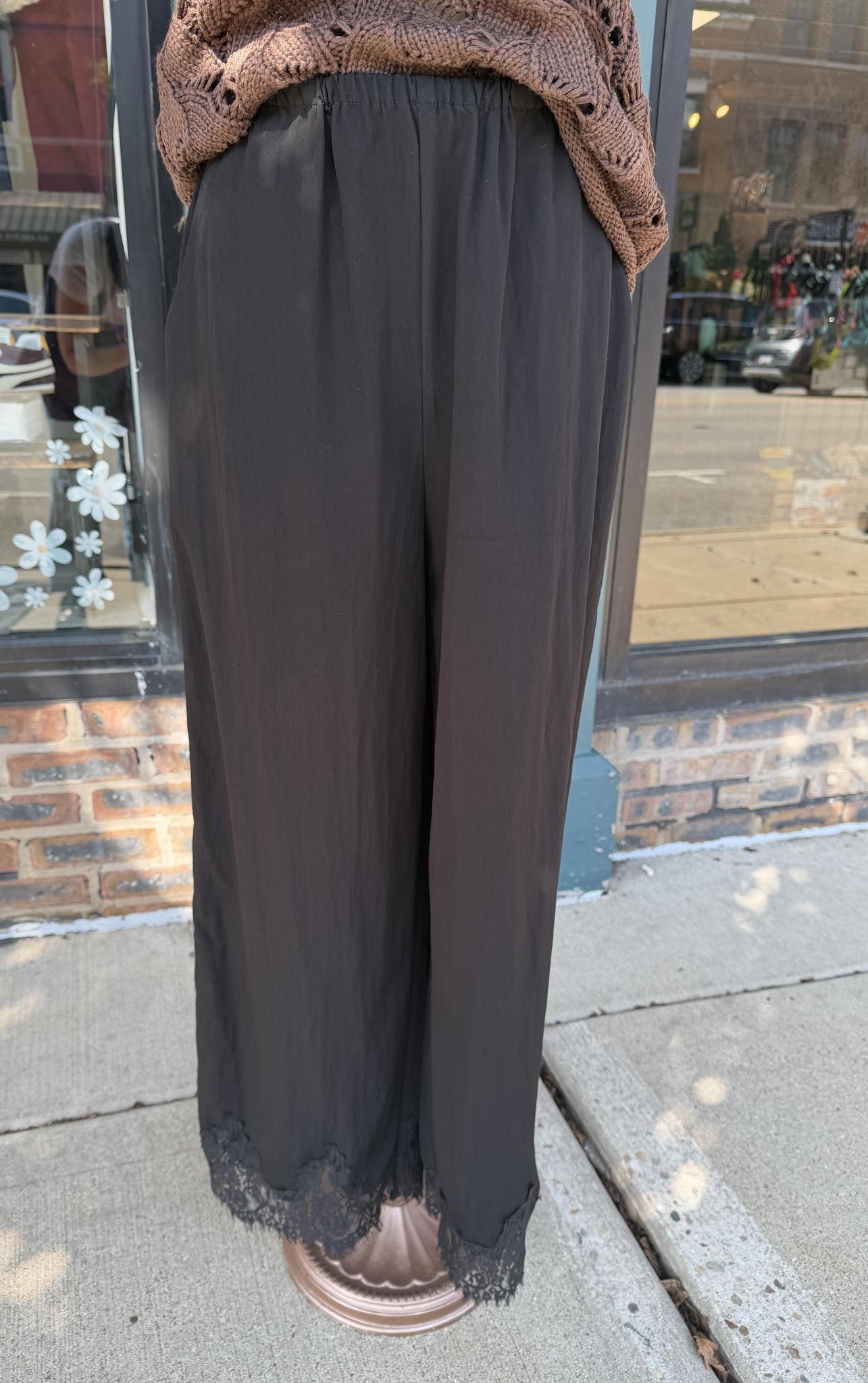 Elastic Waist Pant with Lace Trim
