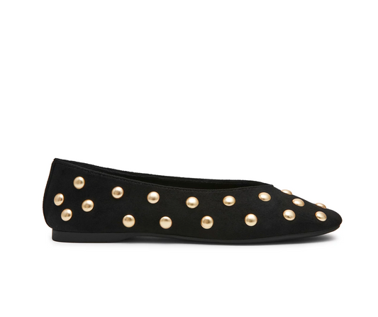 A single black DV Karma studded flat shoe with a velvet-like finish, photographed from the side against a plain white background.