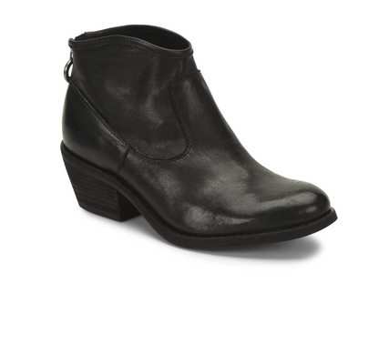A Sofft Aisley black leather ankle boot with a low block heel and side zipper, shown from a three-quarters angle on a white background.