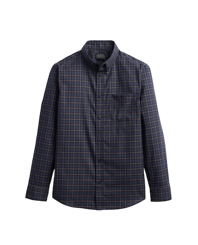 A long-sleeve button-down Pendleton  Warren shirt with a navy blue base and a subtle brown and tan plaid pattern, featuring a classic collar and a chest pocket.