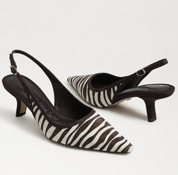 Sam Edelman Bianka Slingback Pump in chocolate/ivory zebra print with pointed toe and block heel.