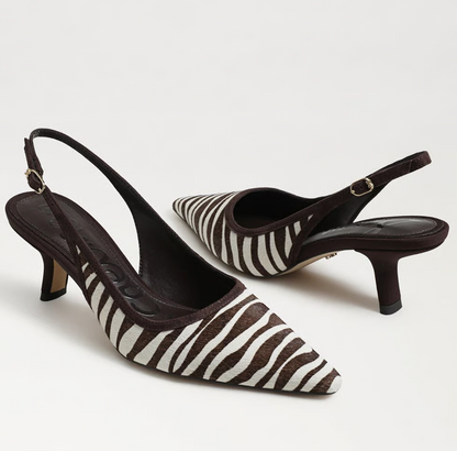 Sam Edelman Bianka Slingback Pump in chocolate/ivory zebra print with pointed toe and block heel.