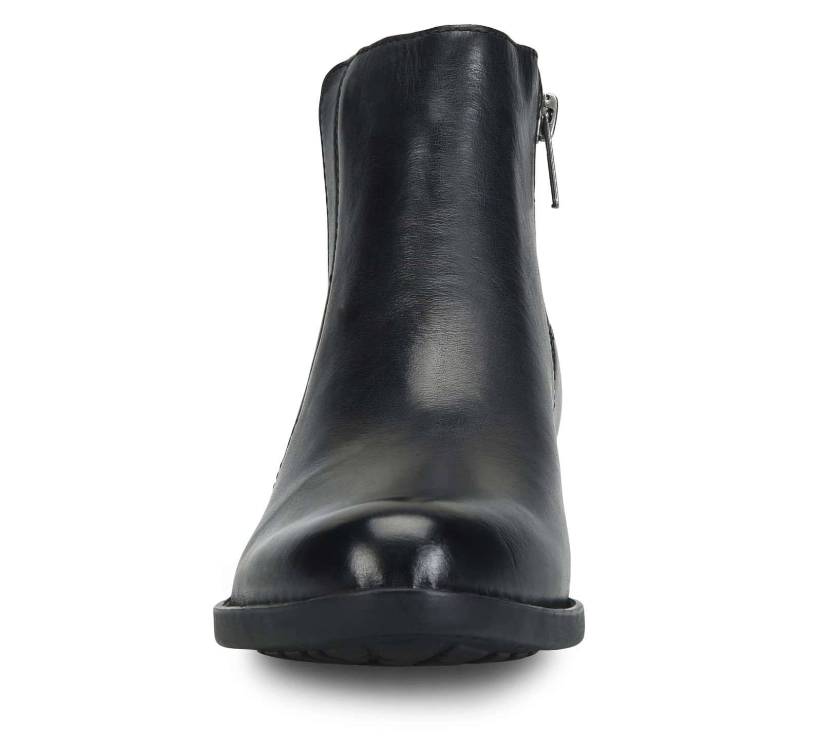 A Born Kendyl black leather ankle boot with a side zipper, shown from a front-facing perspective on a white background.