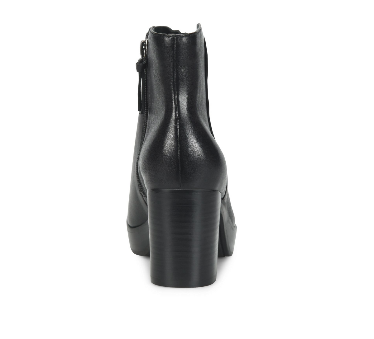 Sofft Kendall  black leather ankle boot with a high block heel and side zipper, shown from a rear three-quarter view on a white background.