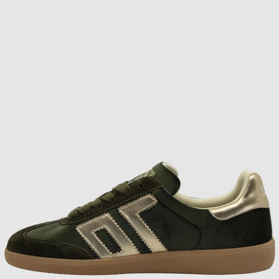 A Back 70 dark green suede and leather low-top sneaker with metallic gold accents on the side stripes and heel tab, and a brown gum sole, shown against a light gray background.