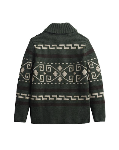A Pendleton dark forest green knit sweater with a high ribbed mock neck collar, featuring cream-colored geometric Fair Isle patterns across the chest, shoulders, and sleeves, shown against a plain white background.