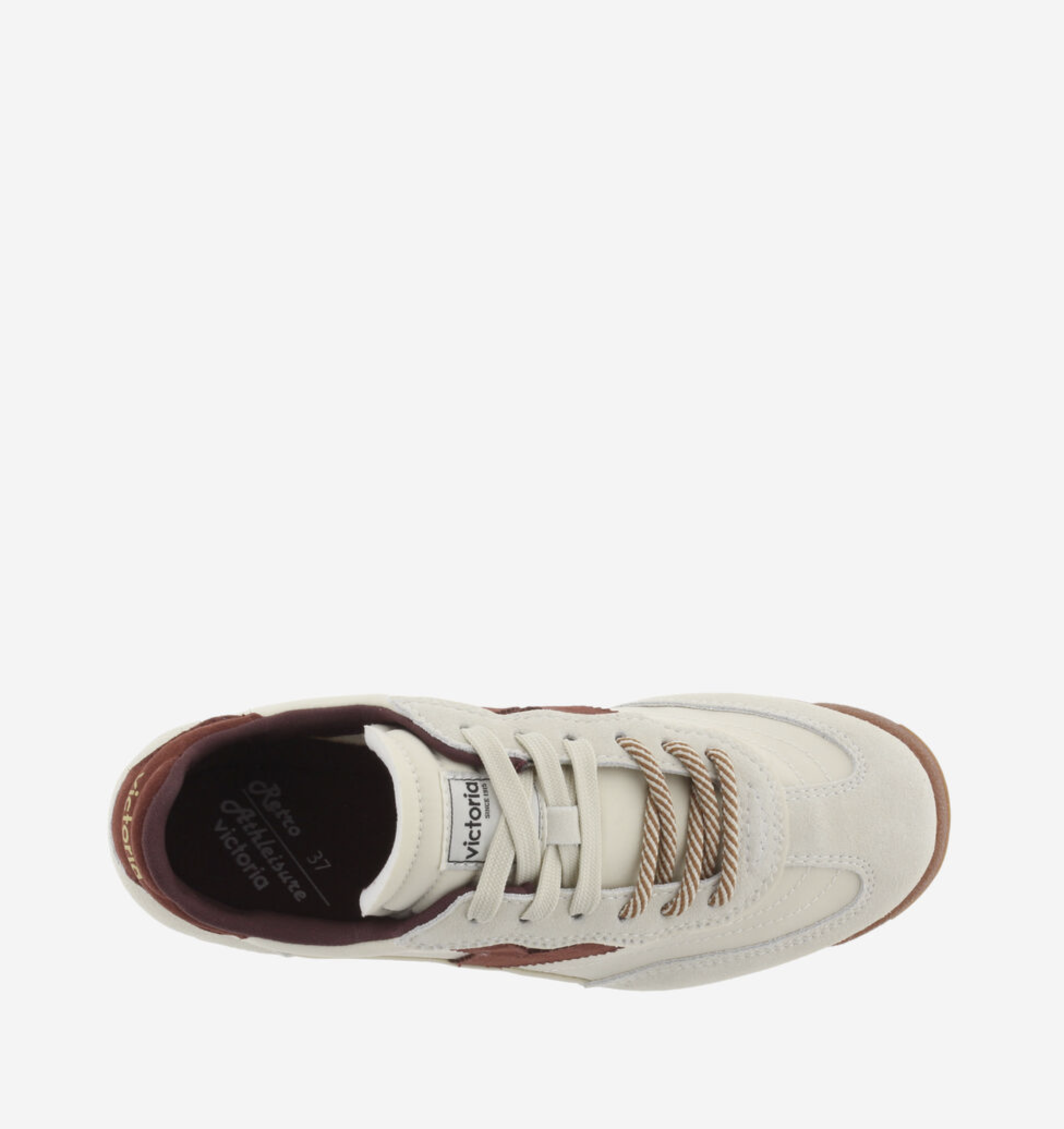 Victoria Saturno Sneaker in cream with nylon‑suede upper and retro runner silhouette.