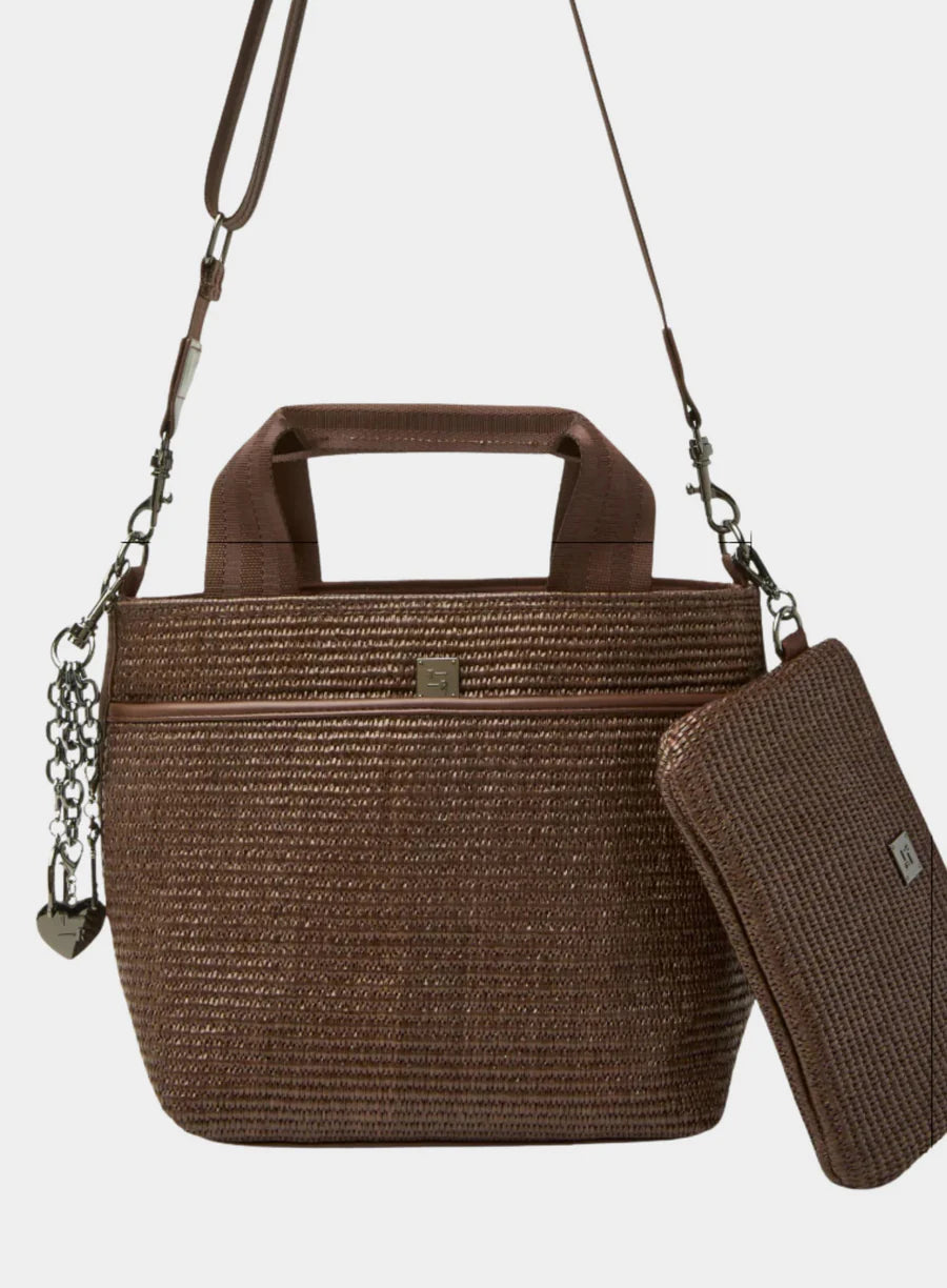 Think Royln Escape Tote in raffia‑look material with quilted sporty straps
