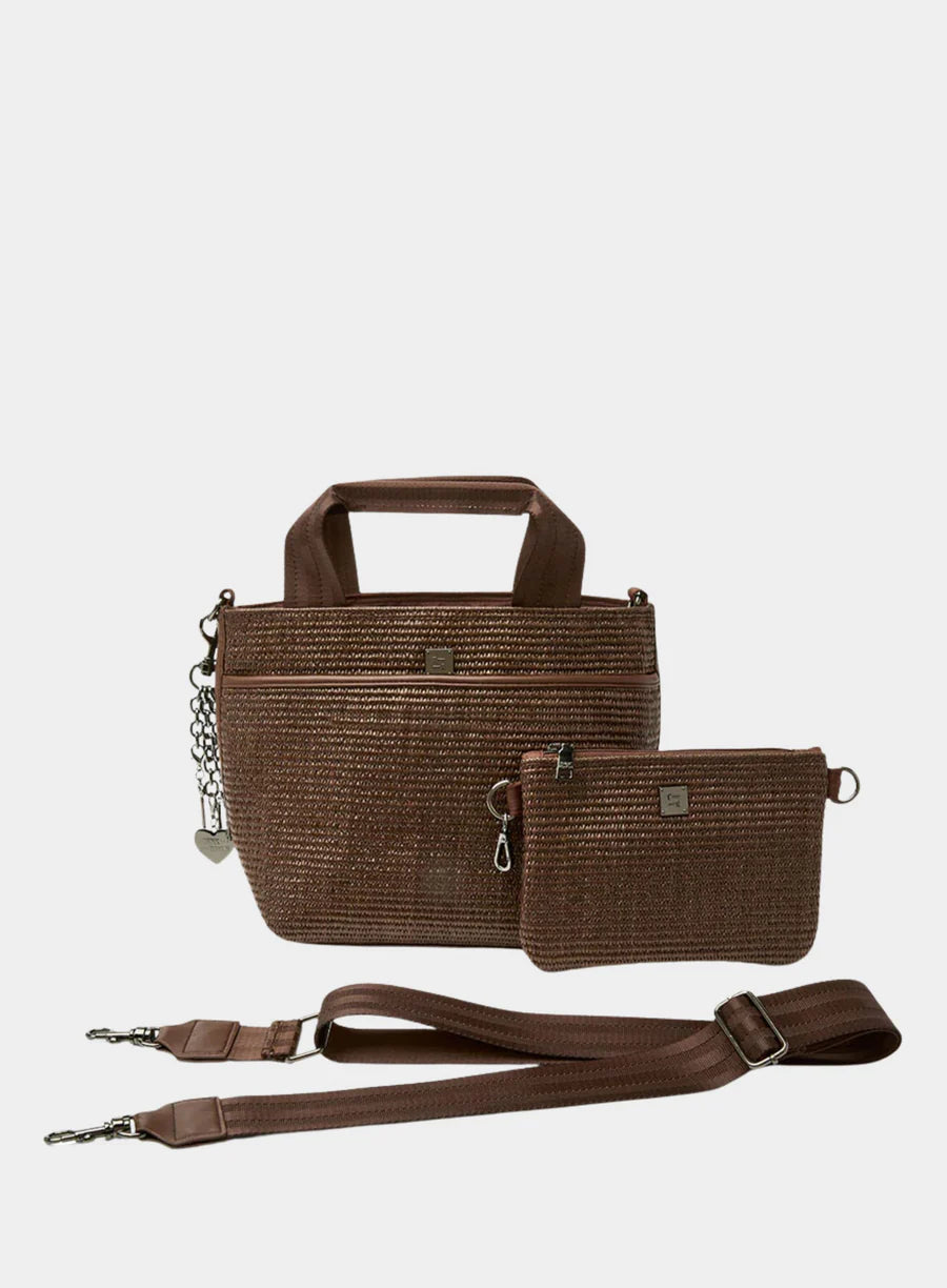 Think Royln Escape Tote in raffia‑look material with quilted sporty straps