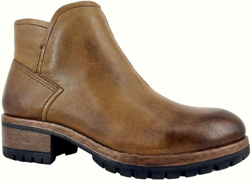 A single brown leather Salvia Cally ankle boot with a chunky wooden-textured block heel and a black lug sole, shown from a side profile on a white background.