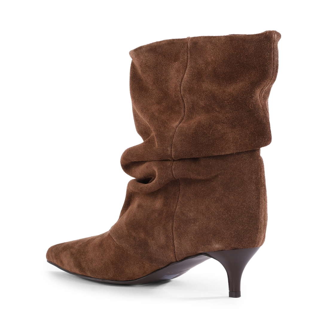 A Seychelles One Love brown suede ankle boot with a pointed toe and a short kitten heel, shown from a side profile view on a white background.