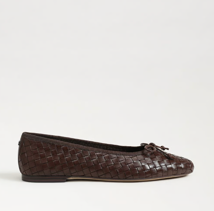 Sam Edelman Ruthie Woven Ballet Flat in brown  with two‑tone woven upper and rounded ballet silhouette.