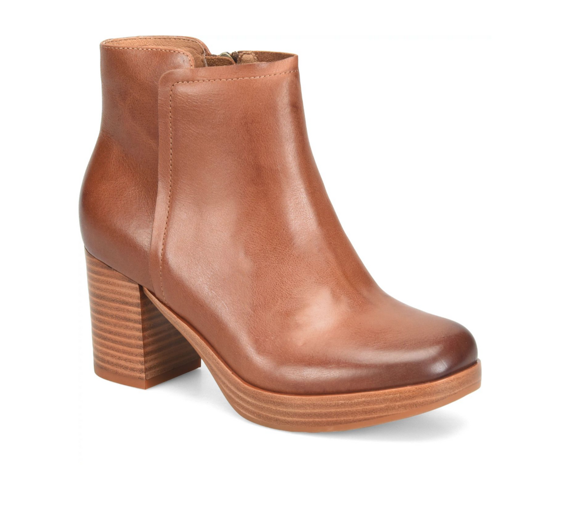 A single  Sofft Kendall women's ankle boot in smooth tan-brown leather with a stacked wood-look block heel and platform sole, shown on a clean white background.