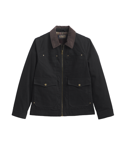 A Pendleton black waxed canvas utility jacket with a brown corduroy collar, featuring a front zipper, buttoned flap pockets, and brass-tone snap buttons, shown against a plain white background.