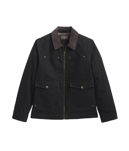 A Pendleton black waxed canvas utility jacket with a brown corduroy collar, featuring a front zipper, buttoned flap pockets, and brass-tone snap buttons, shown against a plain white background.