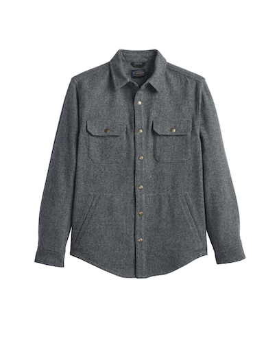 A Pendleton dark gray textured flannel shirt jacket with a button-down front, two buttoned chest flap pockets, and two front hand pockets, shown on a plain white background.
