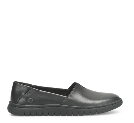 A single Born Sebra black slip-on leather shoe shown in a side profile view against a plain white background.