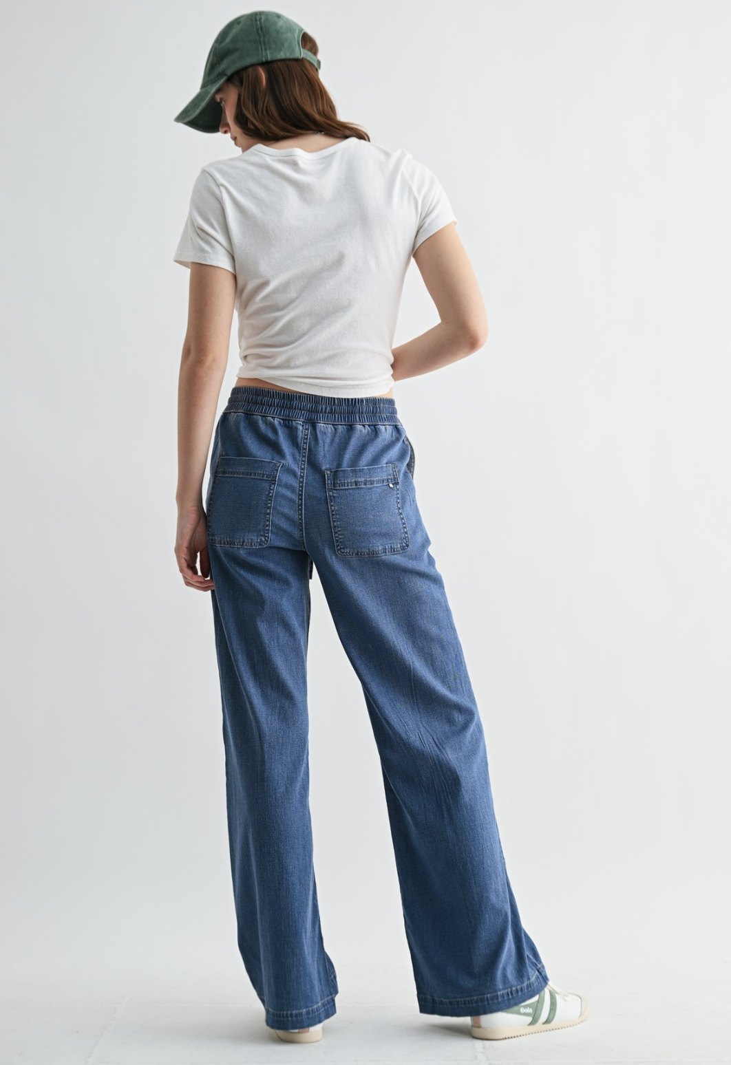 Mica Denim High Rise Wide Joggers in Navy Eyes with wide‑leg silhouette and soft‑stretch fabric.
