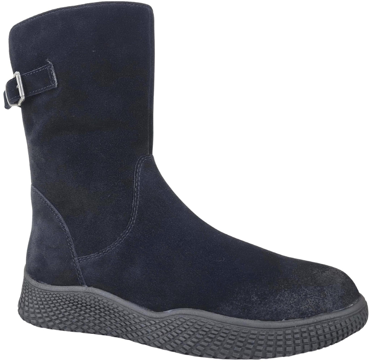 A dark black suede Salvia Louise ankle boot with a textured dark gray sole and a small silver buckle strap on the side, shown against a plain white background.