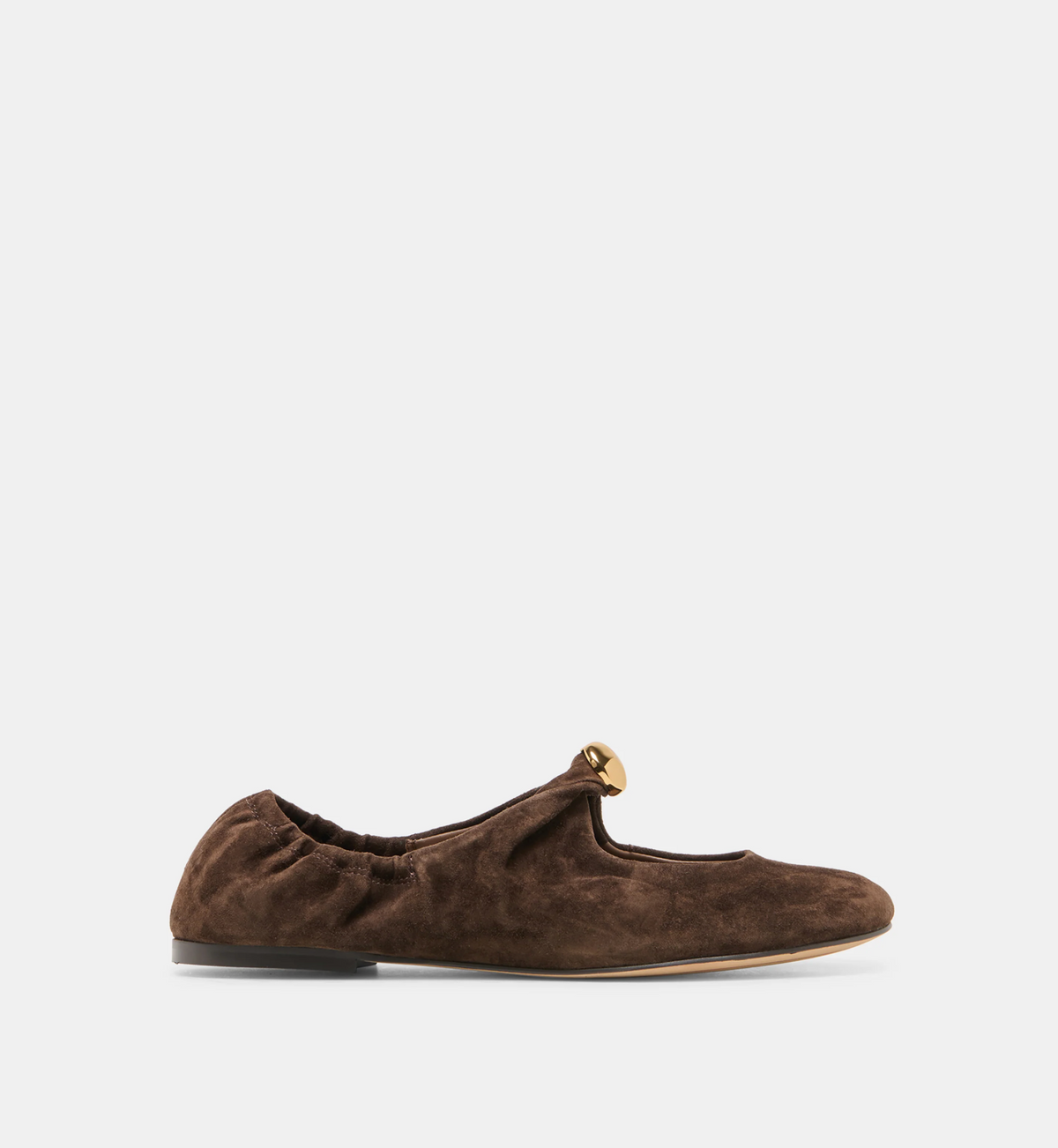 A single brown Dolce Vita Cornel suede flat shoe with a gathered elastic top and a small gold metal accent on the toe, shown against a plain light gray background.