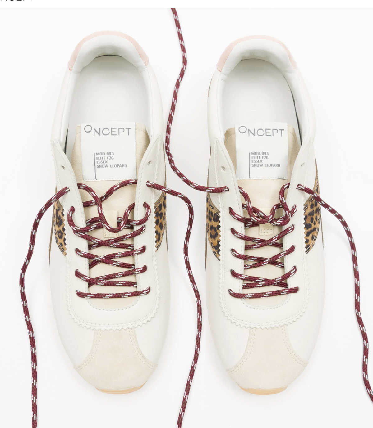 A pair of Off-White Oncept sneakers in off-white leather with burgundy and leopard-print laces, shown from a top-down view on a white background.