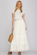 She + Sky  woven maxi skirt in off white with tiered lace trim and soft flowing silhouette.