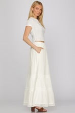 She + Sky  woven maxi skirt in off white with tiered lace trim and soft flowing silhouette.