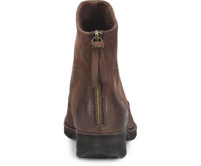 A Born Mercado brown leather ankle boot shown from the back, featuring a side zipper with a pull tab and a gold-tone metal zipper pull, set against a plain white background.