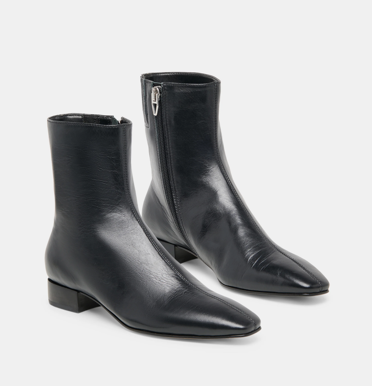A pair of Dolce Vita Tarine black leather ankle boots with a pointed toe, low block heel, and side zipper, shown on a light gray background.