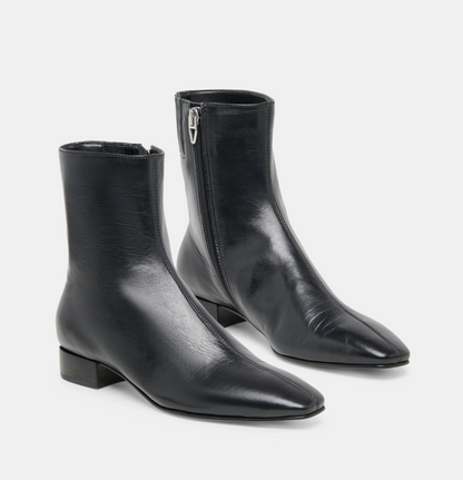 A pair of Dolce Vita Tarine black leather ankle boots with a pointed toe, low block heel, and side zipper, shown on a light gray background.