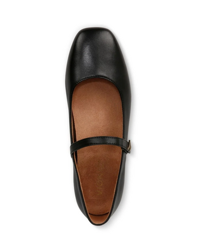 A black leather Vionic Alameda  Mary Jane flat shoe shown from a top-down view on a white background. The shoe features a square toe, a single black strap with a small gold-tone buckle, and a tan insole with the brand name 'VIONIC' printed in gold.