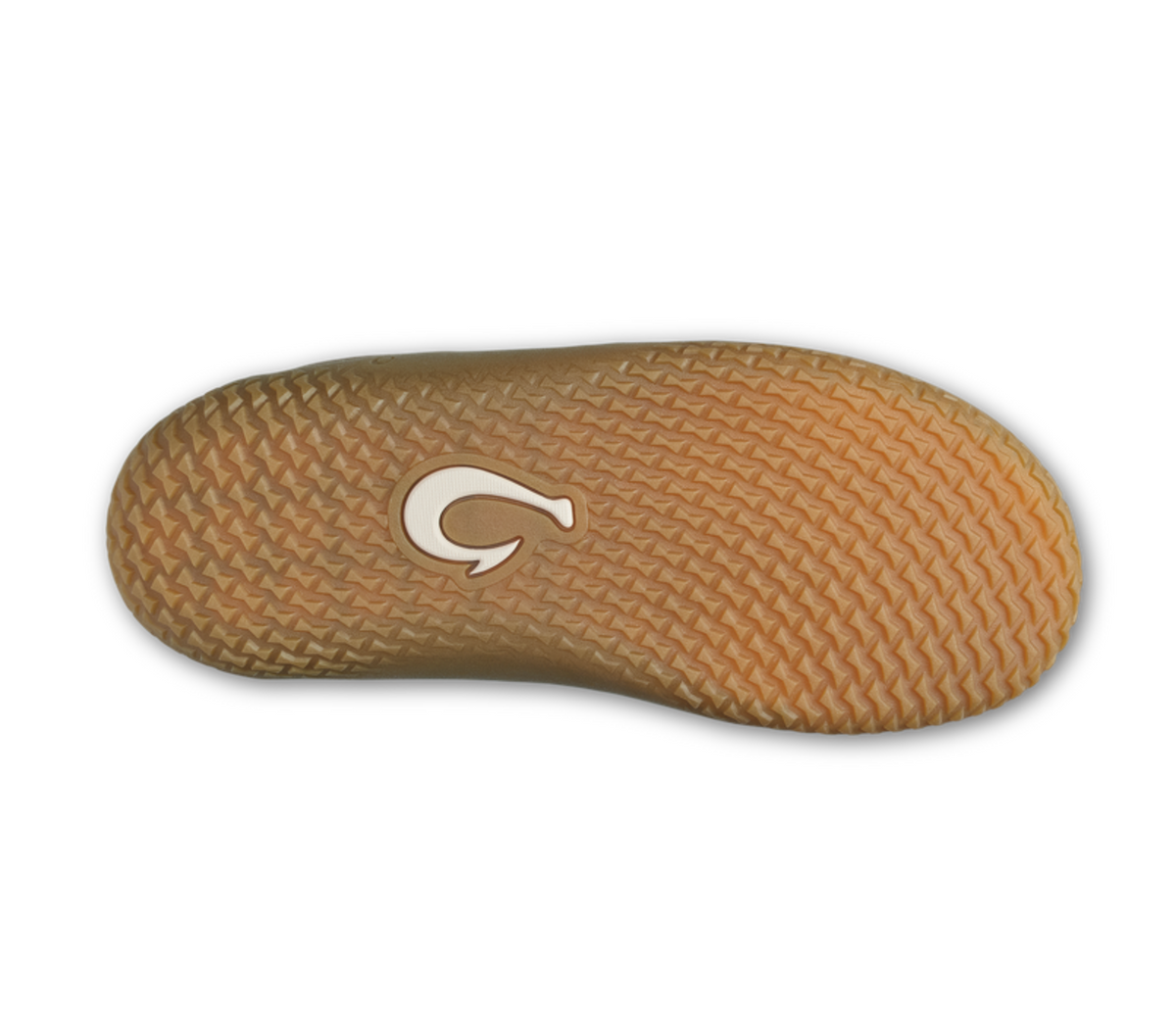 The textured tan rubber outsole of a Olukai Nohea Kolo mule, featuring a white Olukai logo in the center, shown against a plain white background.
