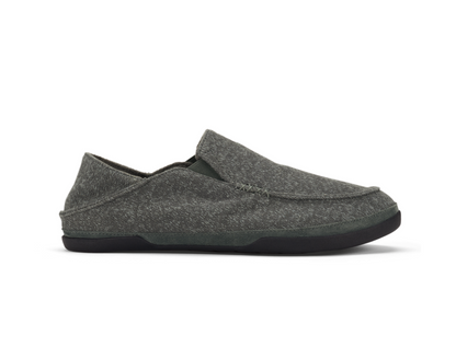 A single Olukai Moloa Hulu slip-on loafer in a dark gray heathered fabric upper with a black sole, shown in profile against a plain white background.